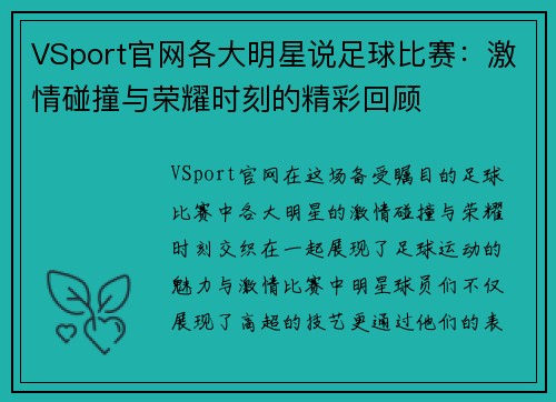 VSport官网各大明星说足球比赛：激情碰撞与荣耀时刻的精彩回顾